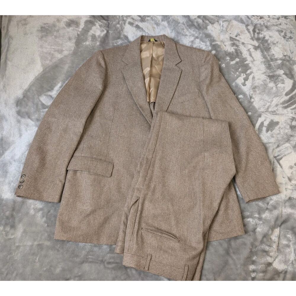 Vintage Beacon Hill Mens Brown Herringbone Wool 2PC Suit 44 Pants 40